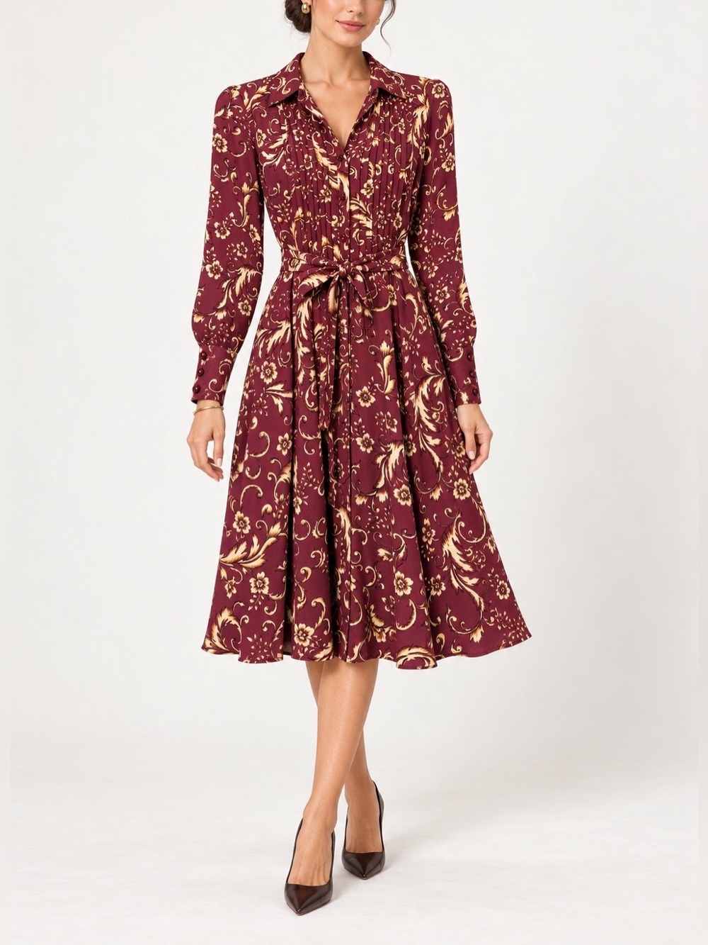Nanette Nanette Lepore Burgundy Gold Floral Pintuck Belted Shirt Dress Size 6
